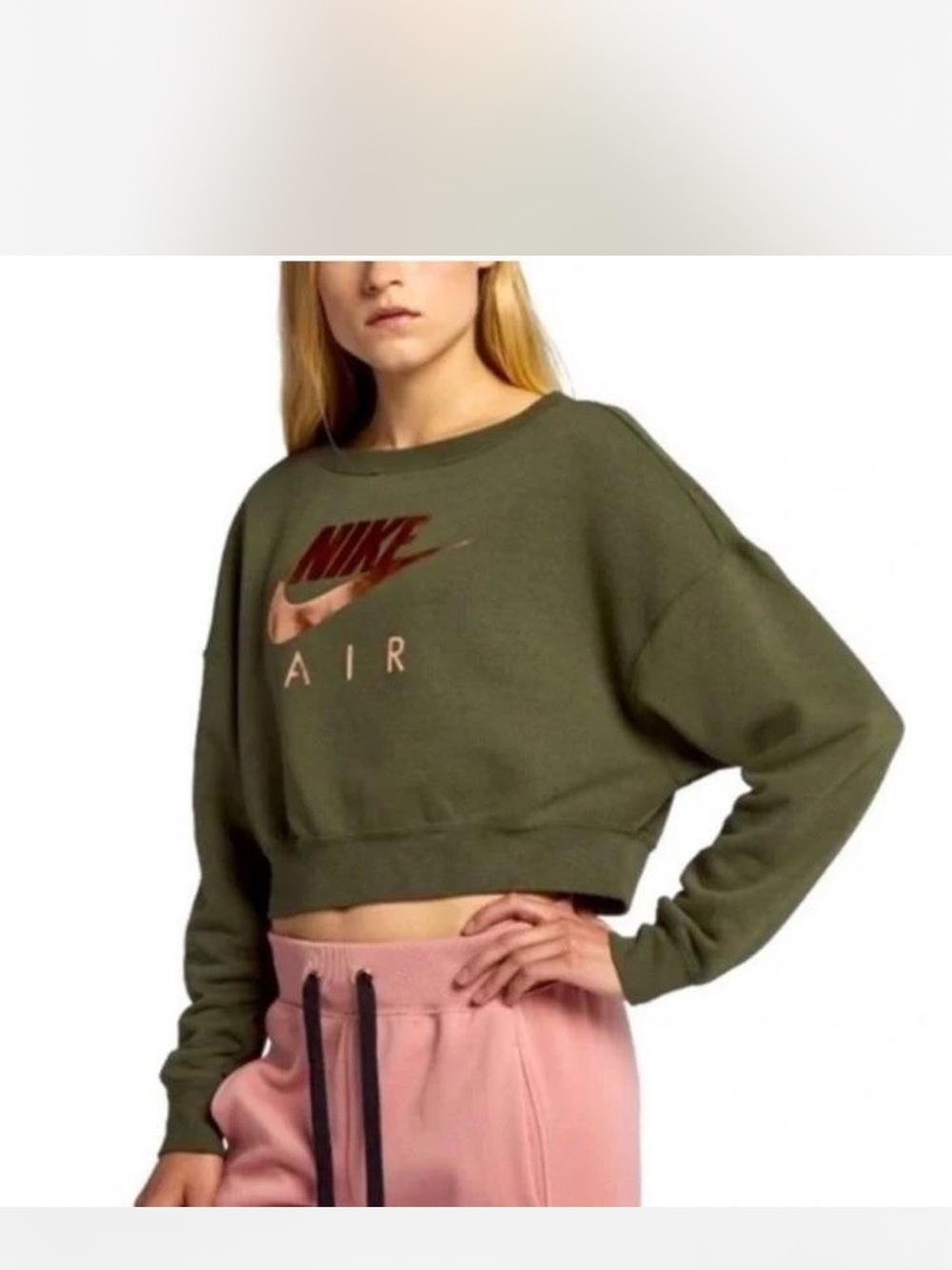 Nike Air Cropped Sweatshirt Olive Green Rose Gold Oversized Women’s Size XS